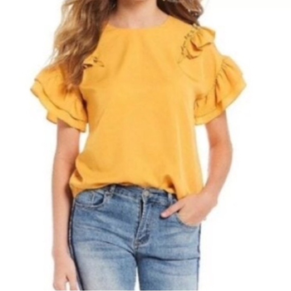 Gianni Bini Women's Medium Mustard Yellow Top Ruffle Sleeves Pullover Blouse Top